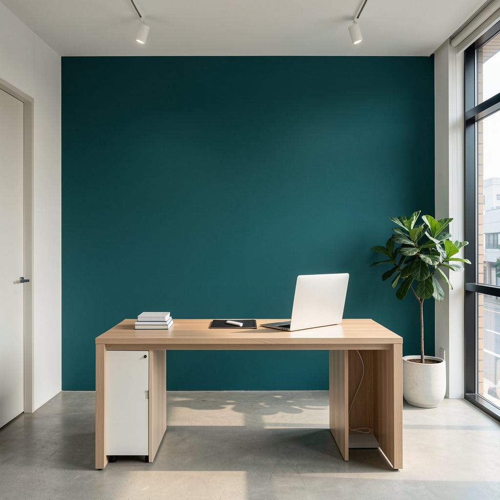 Minimal editorial office reception in Seoul with a teal accent wall and writing table