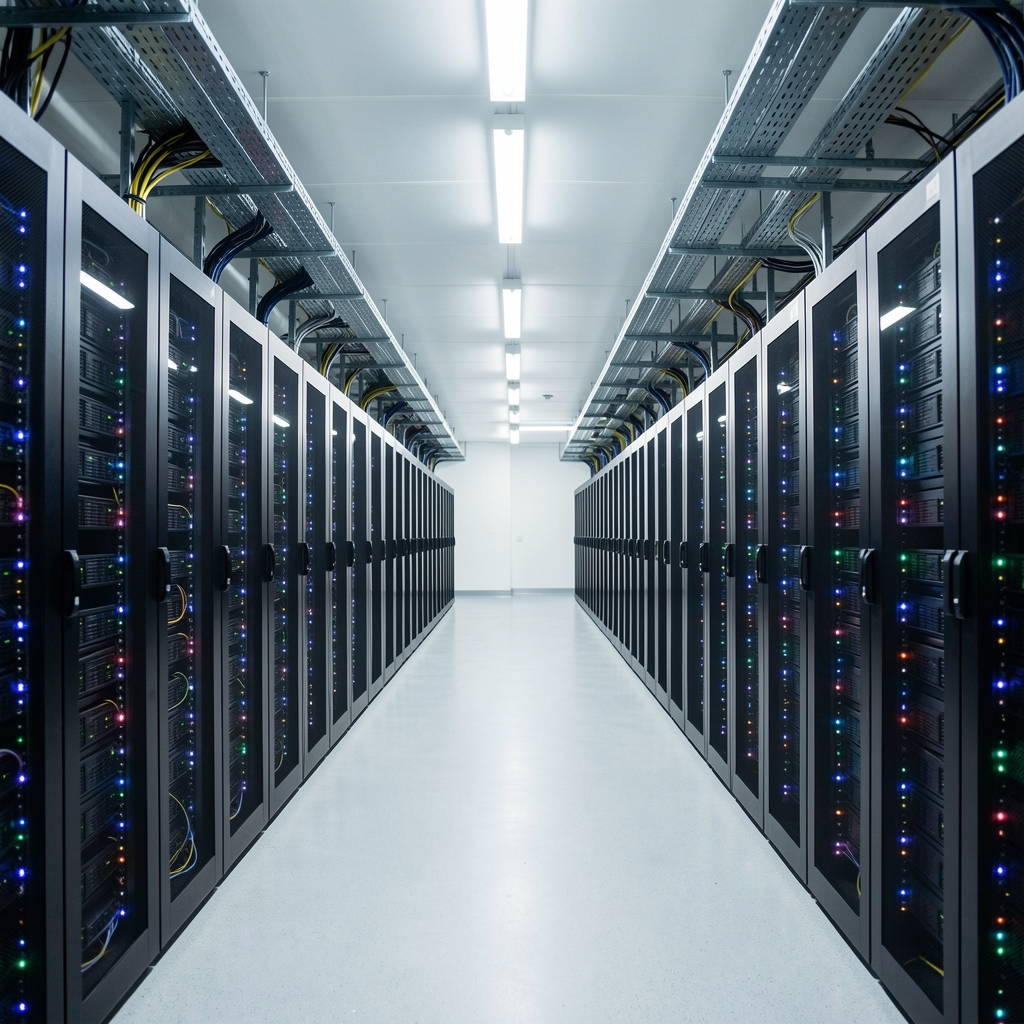 Quiet Seoul data centre aisle with illuminated server racks, cable trays and cool white overhead lighting