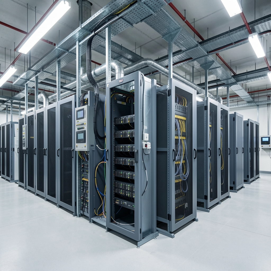 Modern data centre power distribution equipment and cooling infrastructure under bright technical lighting