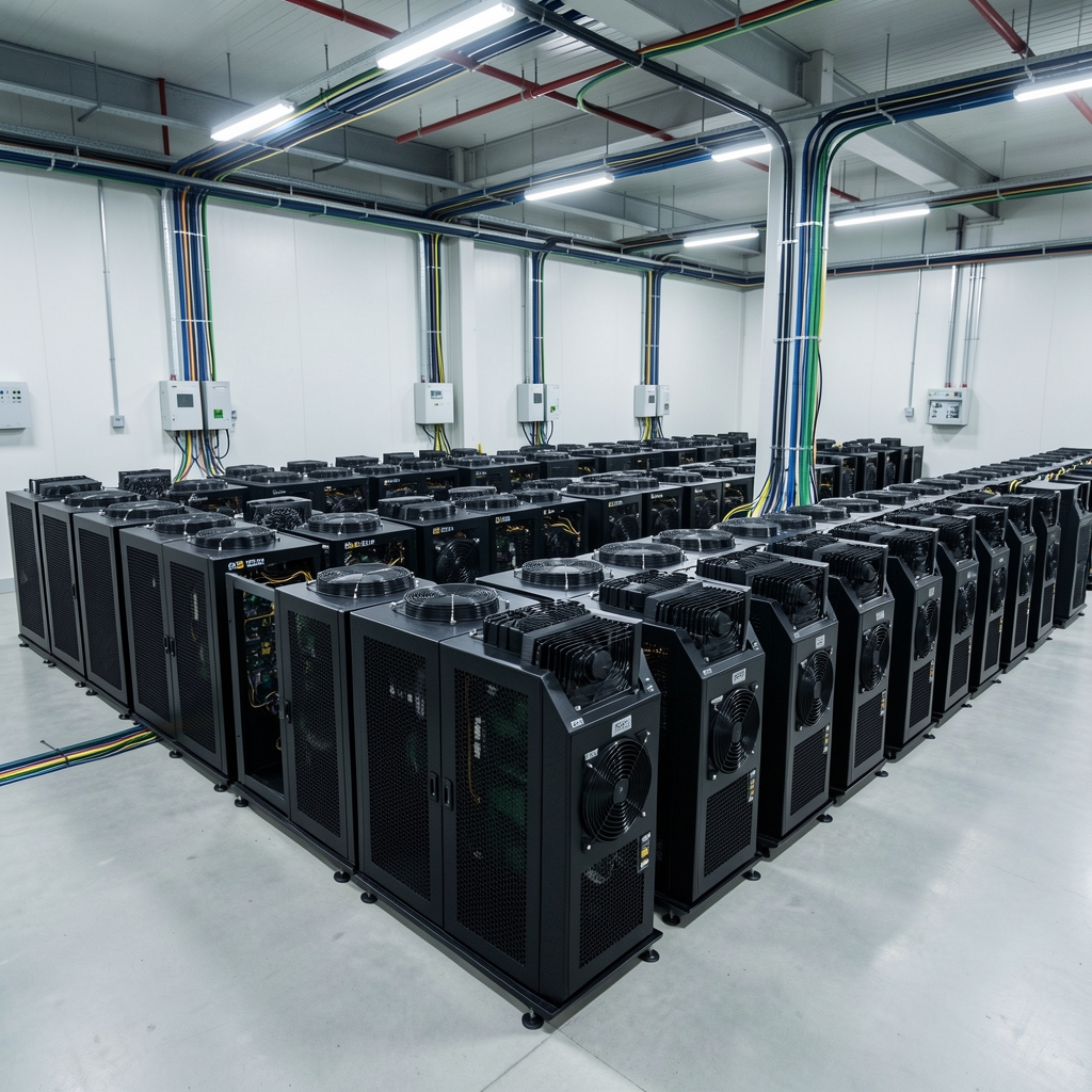 Rows of air-cooled application-specific cryptocurrency miners in a clean industrial facility with monitored cable routes