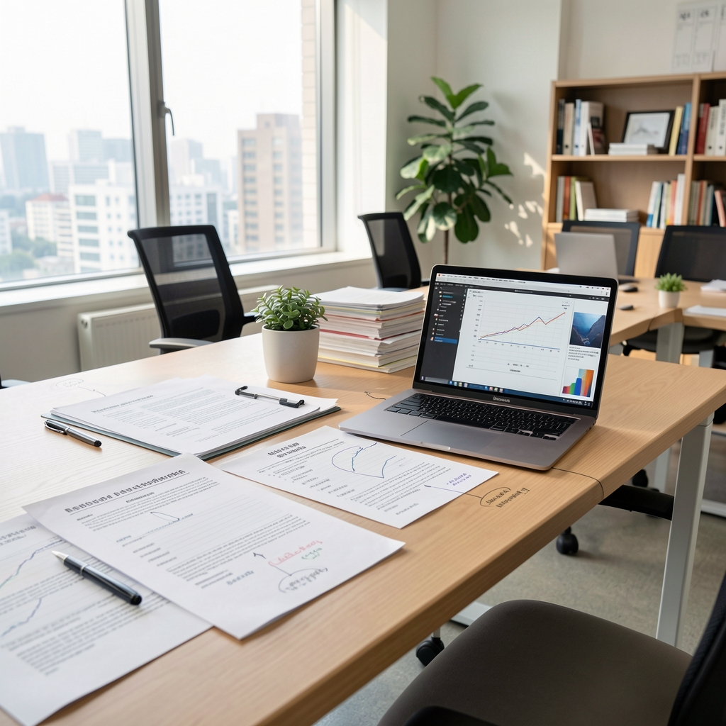 Editorial notebook filled with network diagrams and handwritten research notes beside a coffee cup on a wooden desk