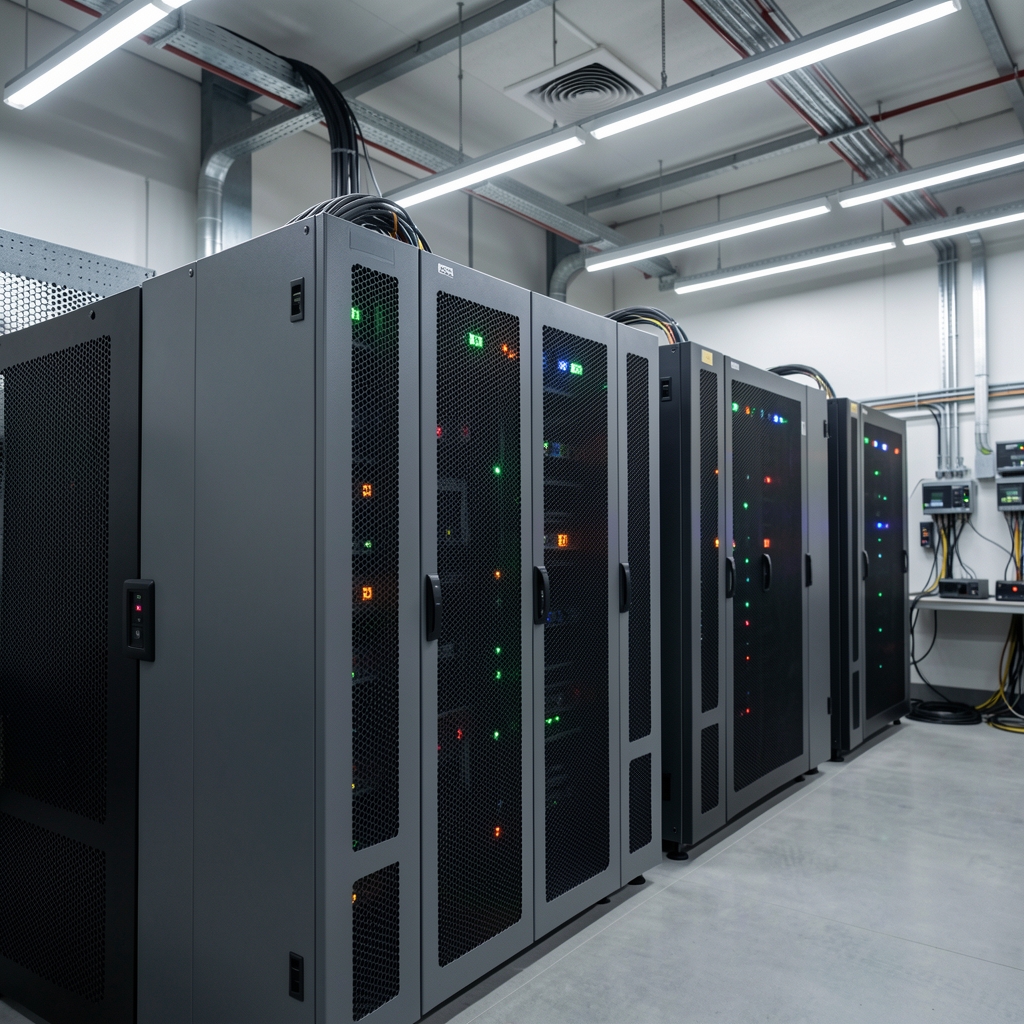 Close view of modern cryptocurrency mining machines with status lights in a ventilated technical room